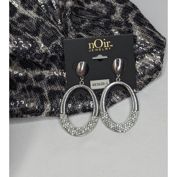 Oval Mottled Silver Rhinestone Hoop Earrings by nOir - Picture 3 of 5